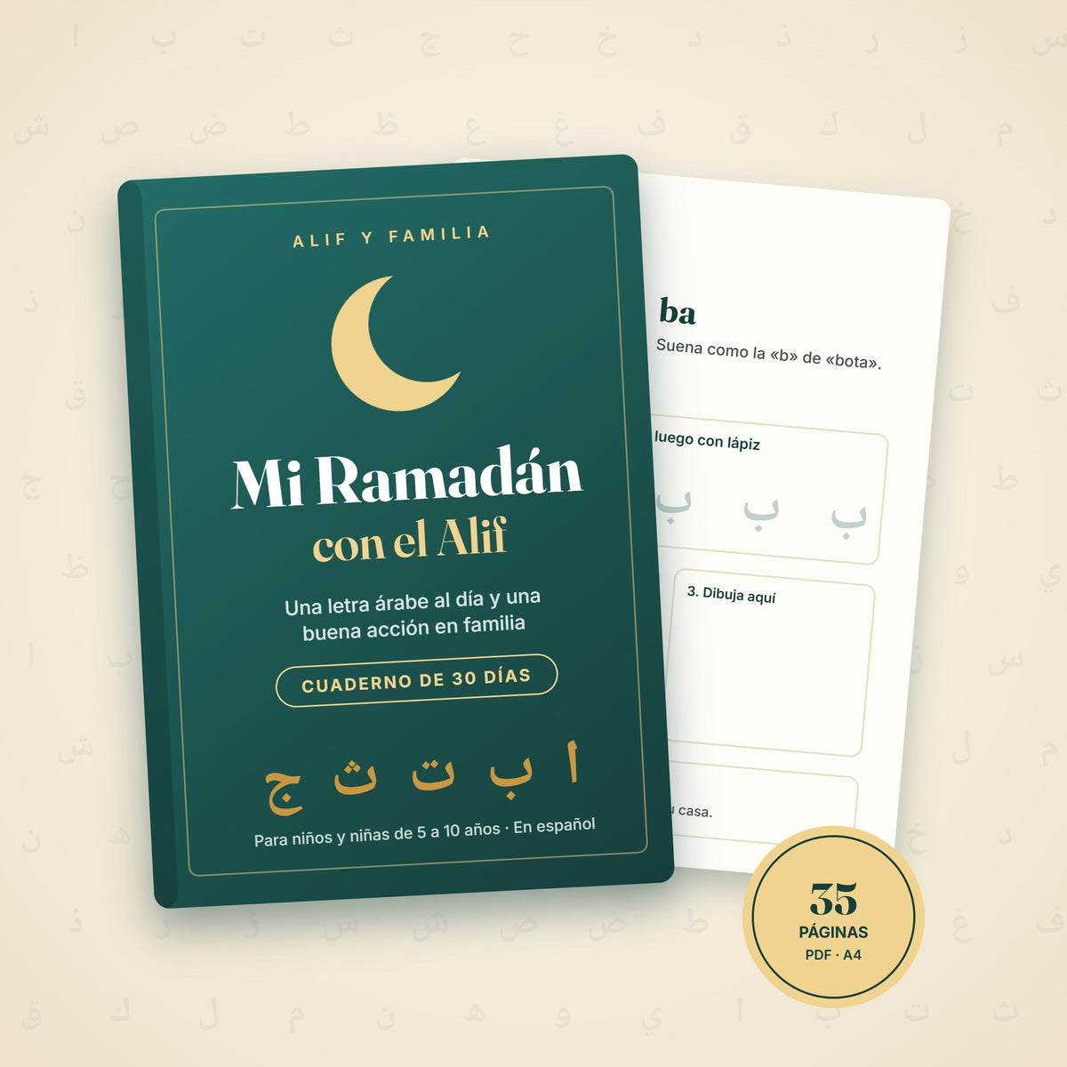 Portada del cuaderno Mi Ramadán con el Alif, 30 días para aprender las letras árabes en español