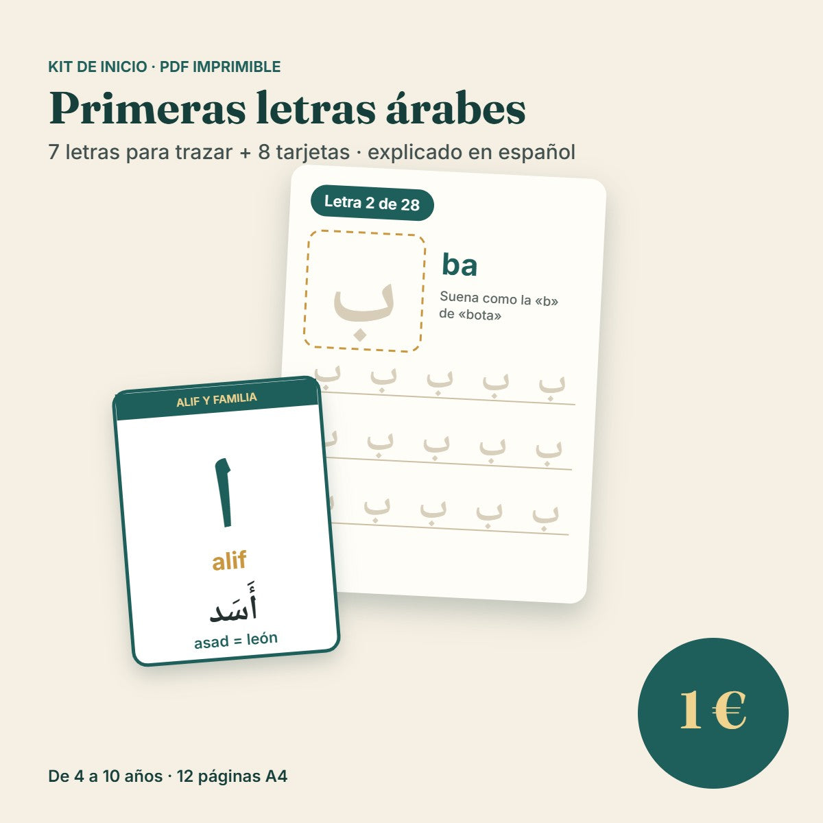 Kit de inicio de letras árabes para niños: página de trazado de la letra ba y tarjeta de la letra alif