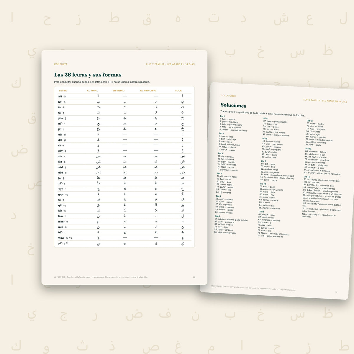 Tabla de las 28 letras árabes con sus cuatro formas y página de soluciones
