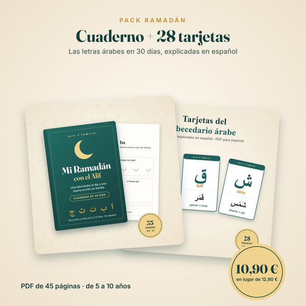 Pack Ramadán con el Alif: cuaderno de 30 días y 28 tarjetas del abecedario árabe