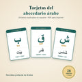 Tarjetas imprimibles del abecedario árabe para niños, con las letras explicadas en español